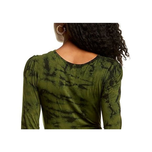 KENDALL + KYLIE Marbled Ruched Fitted Long Sleeve Shirt Top Green XS Women NEW - Picture 3 of 5